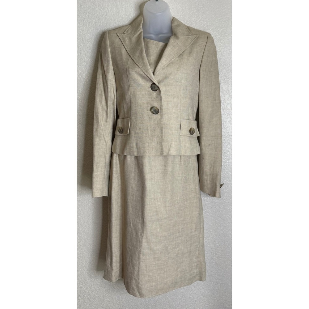 Hobbs UK 8 US 4 Skirt Suit Set Beige Linen Blend Blazer Pleated Midi Career Chic
